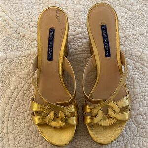 Stuart Weitzman Gold Sandals with Ruffle Detail